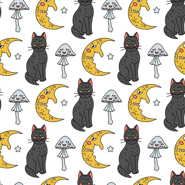 Halloween Seamless Pattern Cute Cartoon Cats Half Moons Poisonous Mushrooms — Stockvector