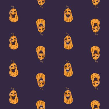 Mor arka planda gülümseyen balkabaklarıyla kusursuz Cadılar Bayramı deseni