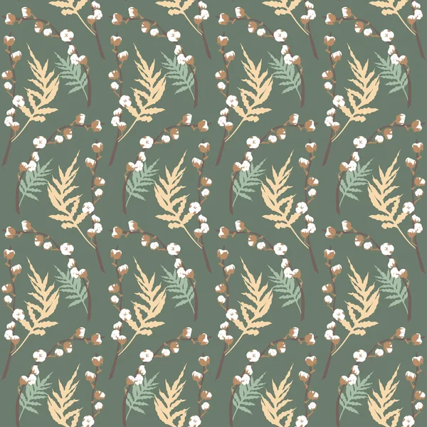 Boho Motif Sans Couture Avec Eucalyptus Coton Sur Fond Vert — Image vectorielle