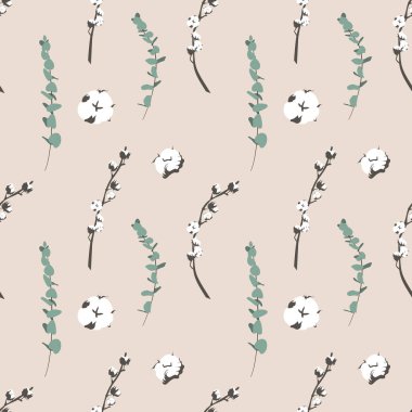 Bej arka planda okaliptüs ve pamuklu Boho pürüzsüz desen.