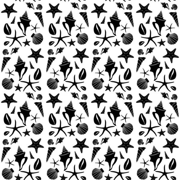 Boho Seamless Pattern Monochrome Conch Shells Sea Stars White Background — Stock Vector
