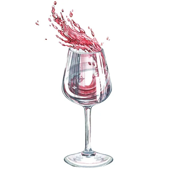 Виноградні келихи з бризками вина, що виливаються всередину. Мистецьке вино виразні бризки в намальованих окулярах, колекція ізольована на білому . — стокове фото