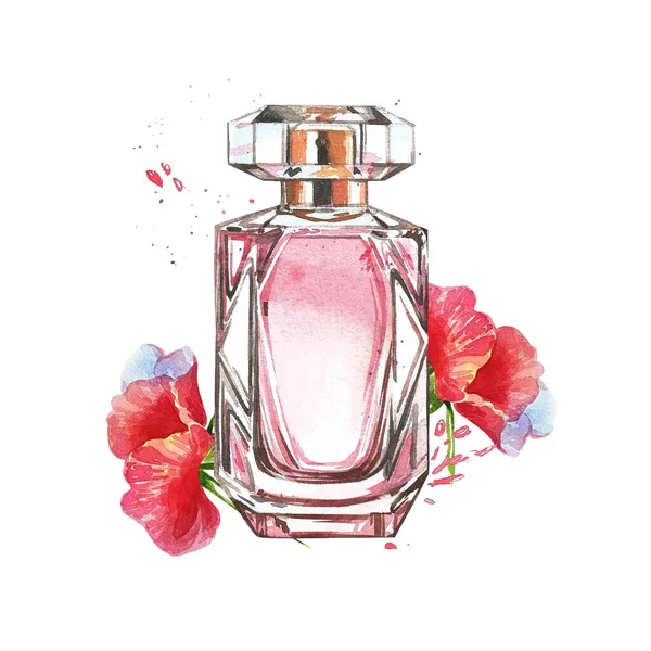 Botella de perfume de vidrio acuarela con flores, arte impresión pared arte. Dibujo de moda, boceto, ilustración. Elegante gráfico original dibujado a mano. Moda, estilo, belleza, publicidad. —  Fotos de Stock