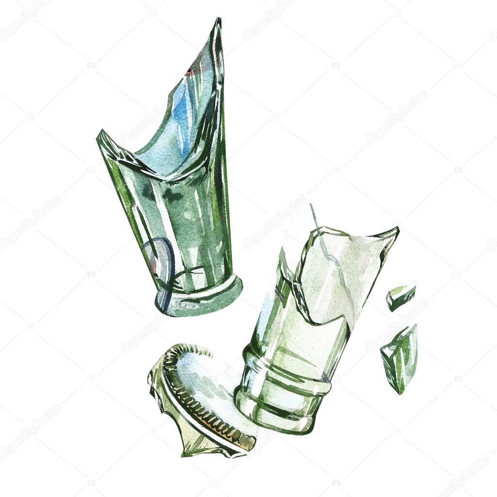 Broken glass. Art wine expressive fragments in hand drawn glasses, collection isolated on white. Watercolor illustration