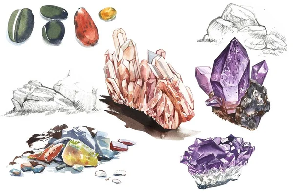 Akvarell kristályok és kavics kövek beállítva. Ametisztkristályok, kristályklaszter, fehér alapon elkülönítve. — Stock Fotó