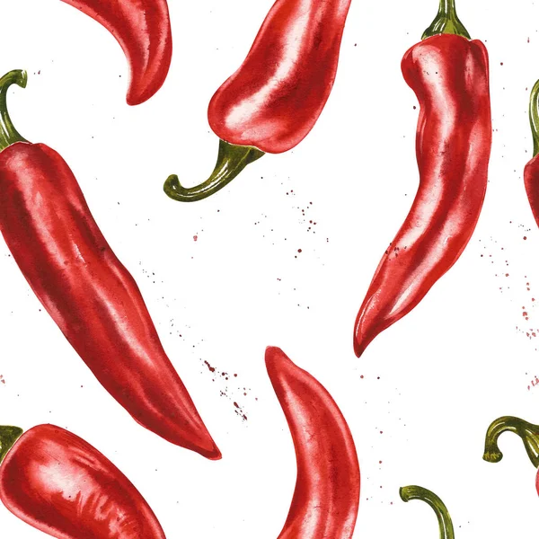 Rode hete chili peper, hele peulen, klaar. Met de hand getekend aquarel illustratie geïsoleerd op witte achtergrond. — Stockfoto