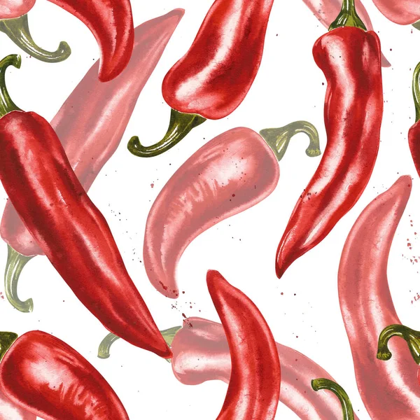 Red hot chili pepper, whole pods, set. Hand drawn watercolor illustration isolated on white background. — Stock Photo, Image