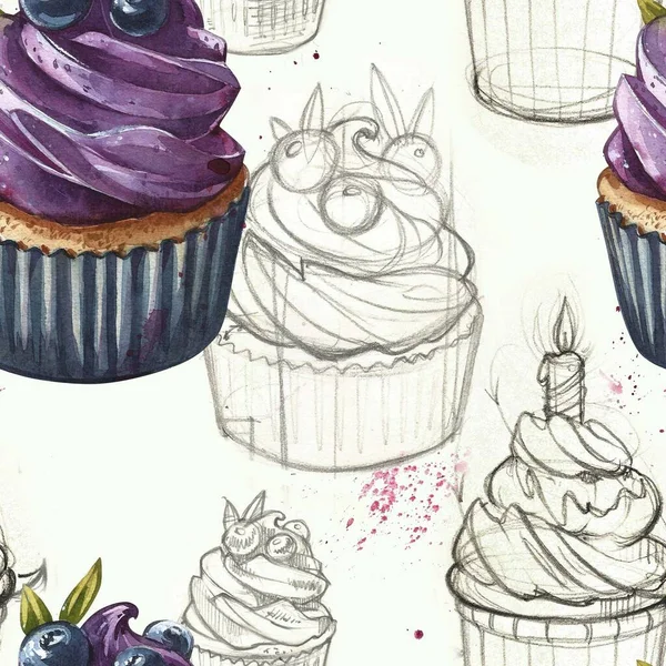 Bezešvé koláčky. Ručně malované akvarely ilustrace cupcakes design pro dovolenou, kavárny, blahopřání, balení, pro party svatební pozvánky, scrapbooking papír, dezertní kavárna — Stock fotografie