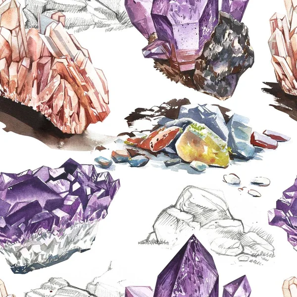 Akvarell kristályok. Ametisztkristályok, kristályklaszter, fehér alapon elkülönítve. Stock Kép