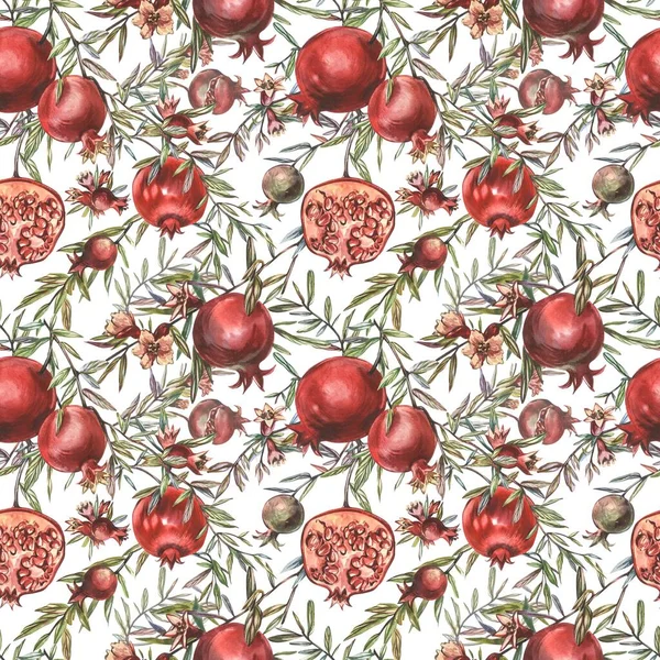 Seamless pattern with pomegranate fruits and seeds on white background. Design for cosmetics, spa, pomegranate juice, health care products, perfume. Best for textile or wrapping paper — Stock Photo, Image