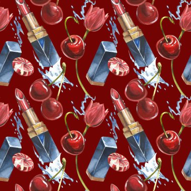 Lipstick seamless pattern. Opened red lipstick in black case. Pomade with Cherry fruits and flowers. Isolated clipart hand painted, fresh exotic food red for food label design.