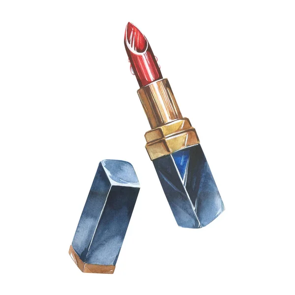 Lipstick. Opened red lipstick in black case. Pomade. Watercolor hand drawn illustration on white background. — стоковое фото