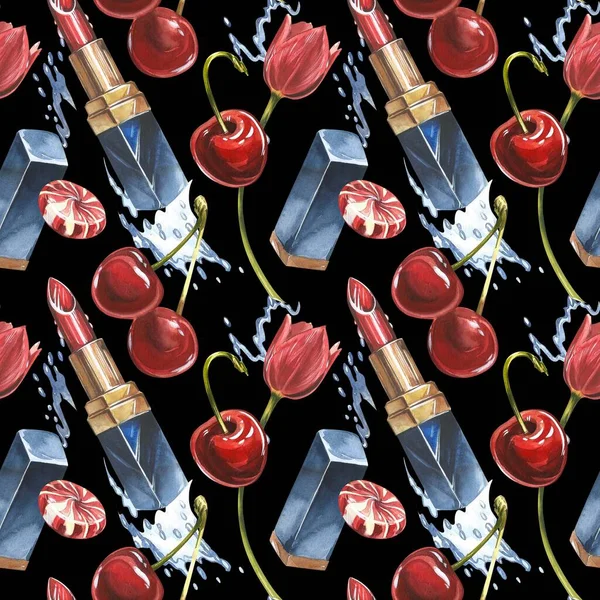 Lipstick seamless pattern. Opened red lipstick in black case. Pomade with Cherry fruits and flowers. Isolated clipart hand painted, fresh exotic food red for food label design. Stock Fotó
