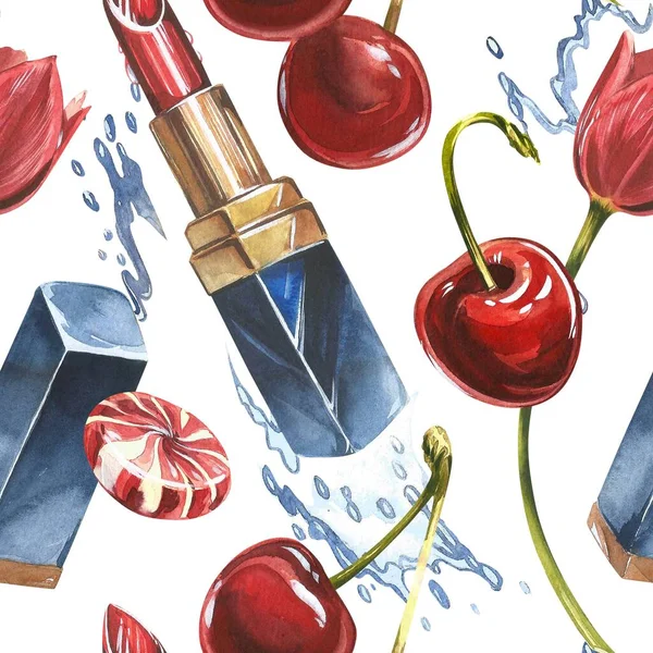Lipstick seamless pattern. Opened red lipstick in black case. Pomade with Cherry fruits and flowers. Isolated clipart hand painted, fresh exotic food red for food label design. Jogdíjmentes Stock Képek
