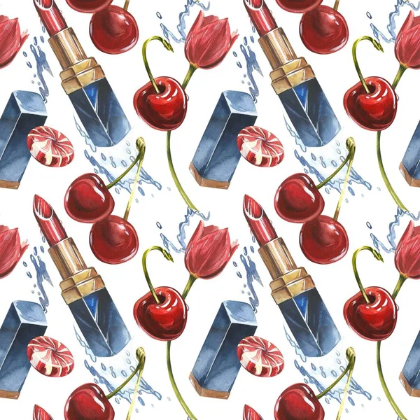 Lipstick seamless pattern. Opened red lipstick in black case. Pomade with Cherry fruits and flowers. Isolated clipart hand painted, fresh exotic food red for food label design. Stock Kép