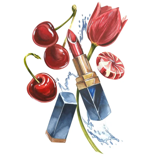 ลิปสติก เปิดลิปสติกสีแดงในกล่องดํา ปอมเมดกับผลไม้เชอร์รี่และดอกไม้ คลิฟพาร์ตที่วาดด้วยมือ อาหารแปลกใหม่สดสีแดงสําหรับการออกแบบฉลากอาหาร . รูปภาพสต็อกที่ปลอดค่าลิขสิทธิ์