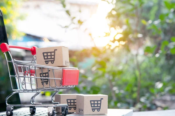 Shopping Ligne Cartons Colis Papier Avec Logo Panier Dans Chariot — Photo