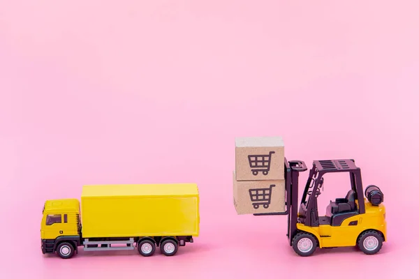 Logistics, and delivery service - Cargo truck, Forklift and paper cartons or parcel with a shopping cart logo on Pink background. Shopping service on The online web and offers home delivery.