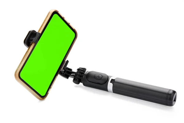 Selfie Stick Com Telefone Inteligente Isolado Fundo Branco Caminho Recorte — Fotografia de Stock