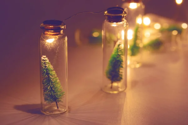 圣诞快乐与新年快乐的概念 玻璃瓶中的灯泡和小圣诞树 — 图库照片