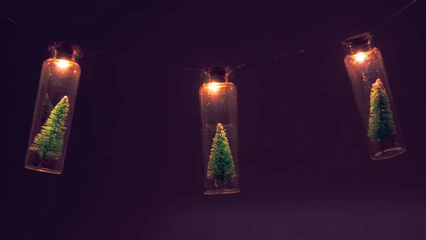 God Jul Och Gott Nytt Koncept Glödlampa Och Liten Julgran — Stockfoto