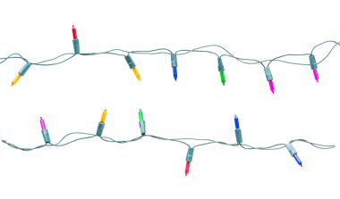 Noel ışıkları beyaz arka planda izole edilmiş bir şekilde kırpıştırılıyor
