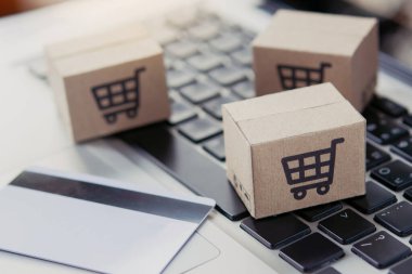 İnternetten alışveriş. Kredi kartı ve klavyede alışveriş arabasının logosu olan karton kutu. İnternet 'te alışveriş servisi. Eve teslimat teklif ediyor