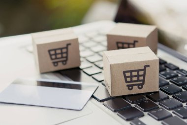 İnternetten alışveriş. Kredi kartı ve klavyede alışveriş arabasının logosu olan karton kutu. İnternet 'te alışveriş servisi. Eve teslimat teklif ediyor