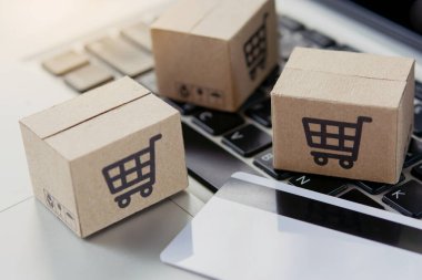 İnternetten alışveriş. Kredi kartı ve klavyede alışveriş arabasının logosu olan karton kutu. İnternet 'te alışveriş servisi. Eve teslimat teklif ediyor