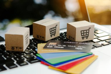 İnternetten alışveriş. Kredi kartı ve klavyede alışveriş arabasının logosu olan karton kutu. İnternet 'te alışveriş servisi. Eve teslimat teklif ediyor