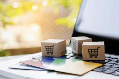 İnternetten alışveriş. Kredi kartı ve klavyede alışveriş arabasının logosu olan karton kutu. İnternet 'te alışveriş servisi. Eve teslimat teklif ediyor