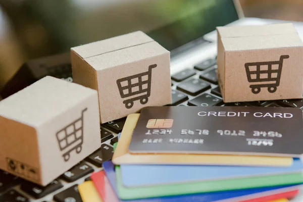Shopping Online Credit Card Cardboard Box Shopping Cart Logo Laptop — Stock Photo, Image