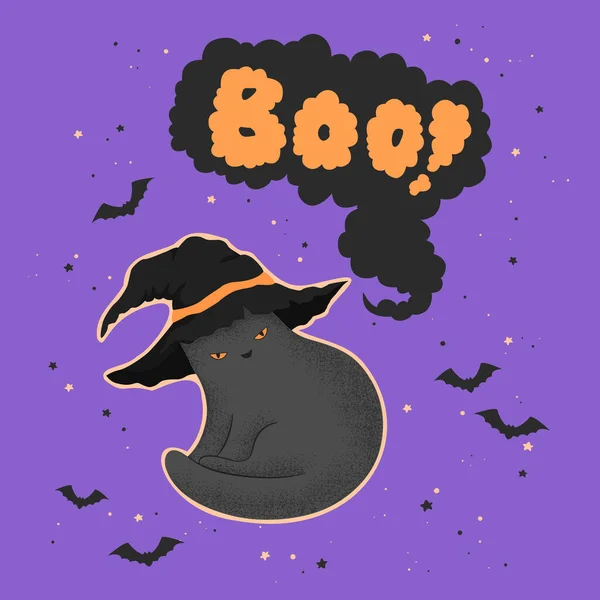 Felice Carta Vettoriale Halloween Con Disegnato Mano Carino Gatto Cappello — Vettoriale Stock