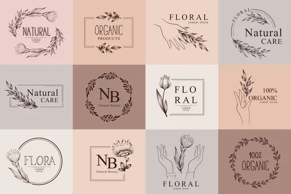 Colección Plantillas Logotipo Floral Dibujado Mano Vectorial Con Manos Flores — Vector de stock