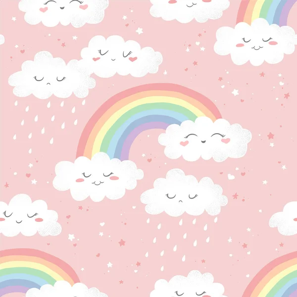 Seamless Vector Pattern Hand Drawn Cute Cartoon Rainbows Clouds Stars — Stock Vector