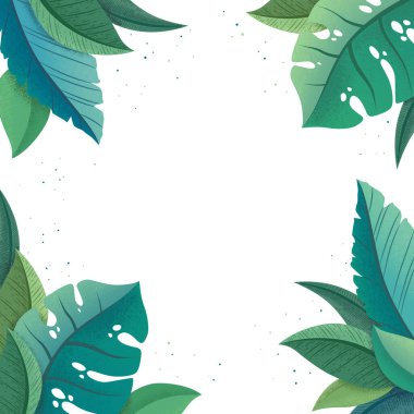 Beyaz arka planda izole edilmiş yeşil egzotik palmiye ve canavar yaprakları çerçeveli vektör çizimi. Kart, pankart, broşür, poster veya broşür için tropik tasarım