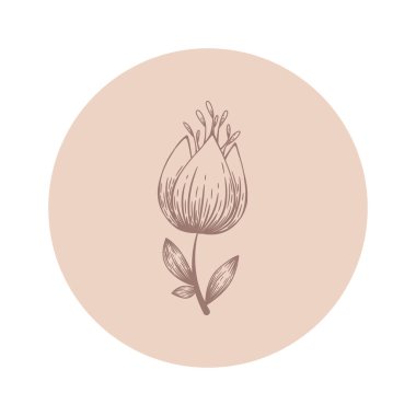 Beyaz arka planda soyut el çizimi çiçekli çiçek vektör yuvarlak ikonu. Logo için tasarım, sosyal medya hikayeleri, güzellik ve kozmetik markalaşma kapakları