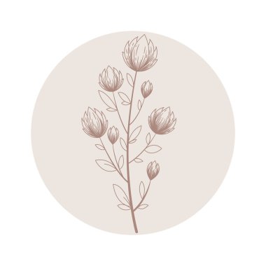 El çizimi soyut dalı ve beyaz arka planda izole edilmiş çiçekleri olan çiçek vektör yuvarlak ikonu. Sosyal medya hikayelerinin kozmetik ve güzellik markaları, logosu için tasarlandı.