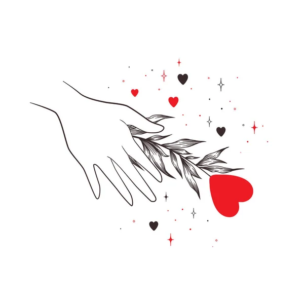 Vector Illustration Abstract Female Hand Branch Red Hearts Isolated White — Wektor stockowy