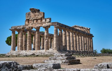 Athena Tapınağı 'nın Paestum arkeoloji sahasındaki ikonik görüntüsü.