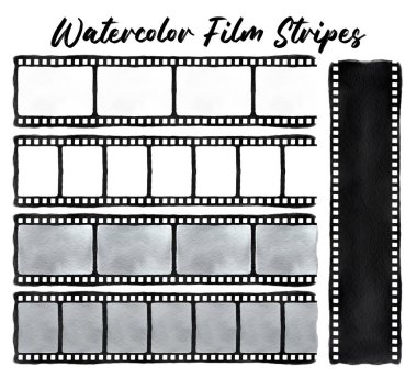 Suluboya film şeritleri. El yapımı sinema seti beyaz arka planda izole edilmiş