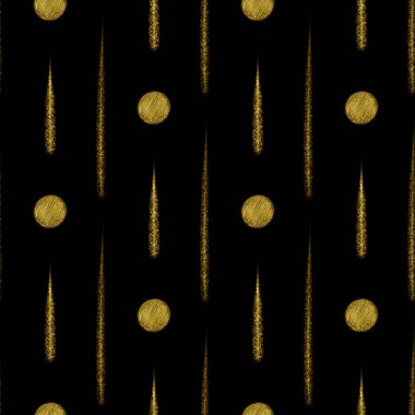 Altın dairelerin kusursuz deseni ve siyah arkaplanda çizgiler.