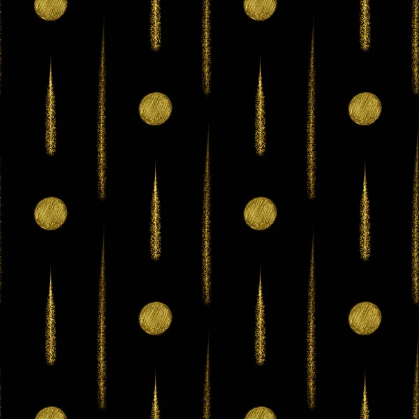 Altın dairelerin kusursuz deseni ve siyah arkaplanda çizgiler.
