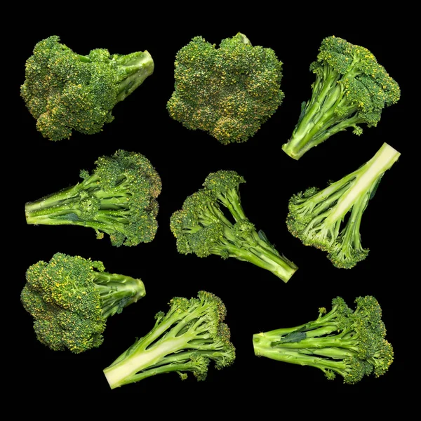 Big Set Fresh Broccoli Isolated Black Background — ストック写真