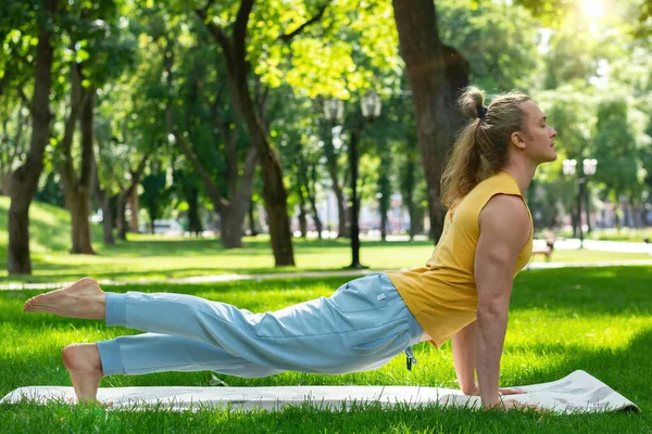 Young Man Practice Yoga Park Yoga Asanas City Park Sunny — Fotografia de Stock