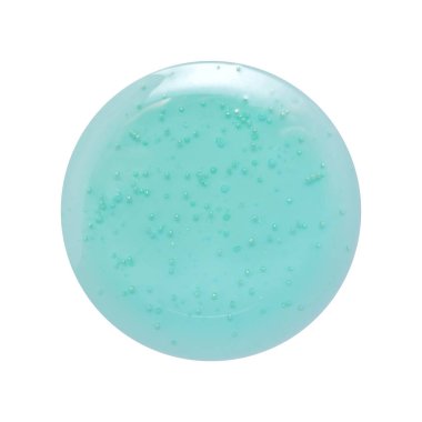 A drop of blue gel on a white background. Gel with cleansing particles. A sample of a facial or body cleanser.