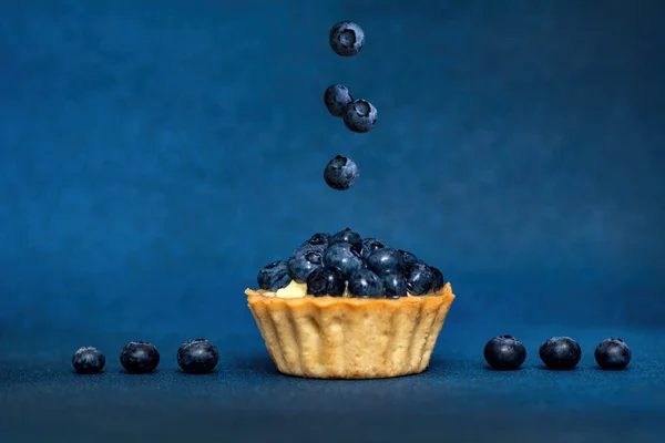 Surreal design with floating blueberry. Blueberry tart. Creative fly food concept. Levitation berry