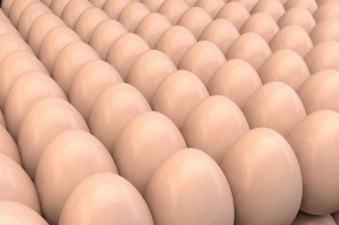 Many chicken eggs. 3d render realistic background.