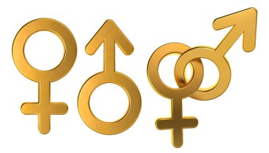 3d rendering male and female symbols. Golden gender signs isolated on white background. 