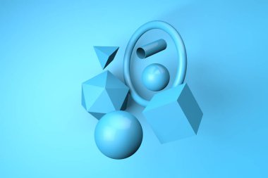 3D render of abstract geometric shapes on a blue background. Minimalistic concept. Ball, torus, cube, pipe, platonic, pyramid, icosa.